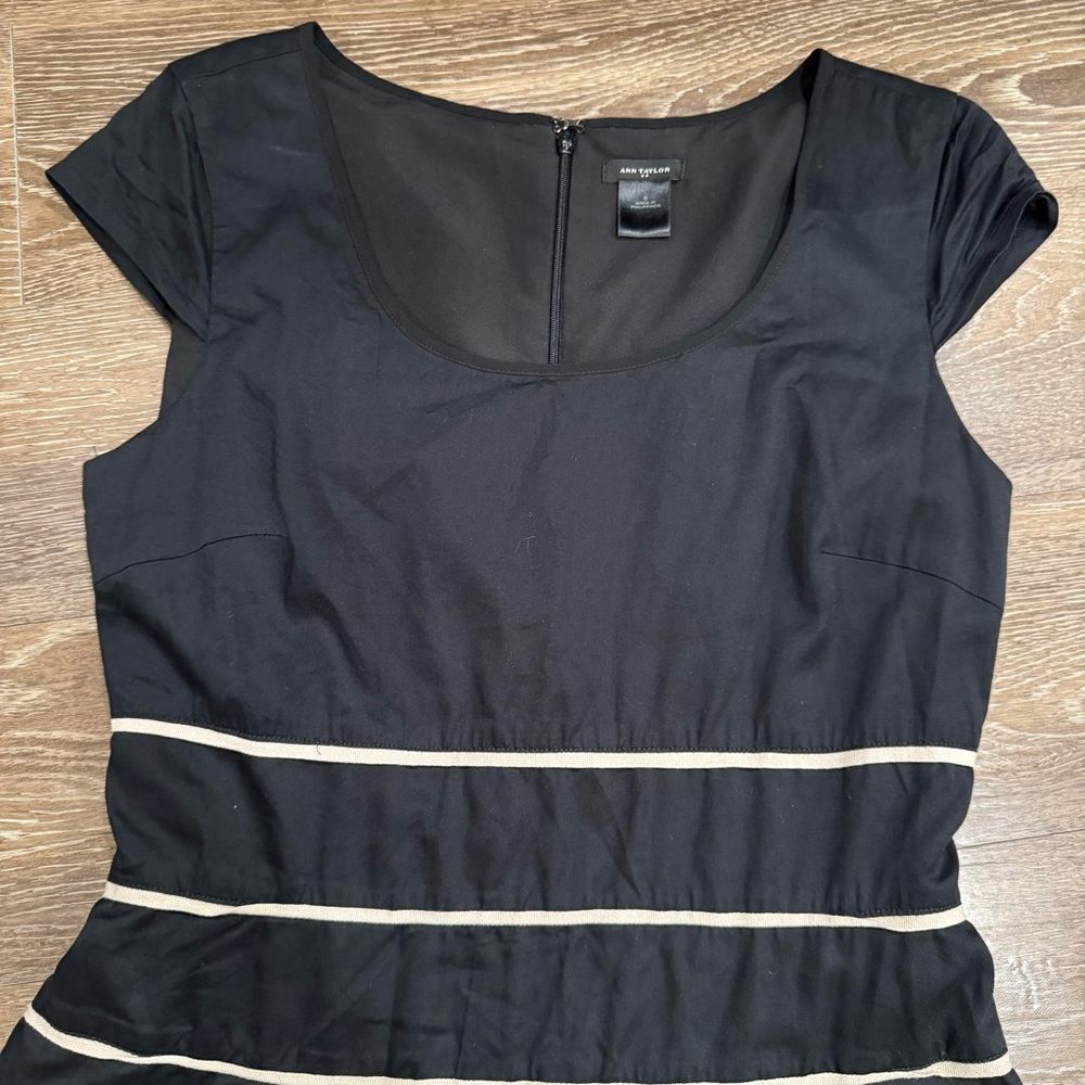 Ann Taylor Black Cap Sleeve dress with tan Stripes